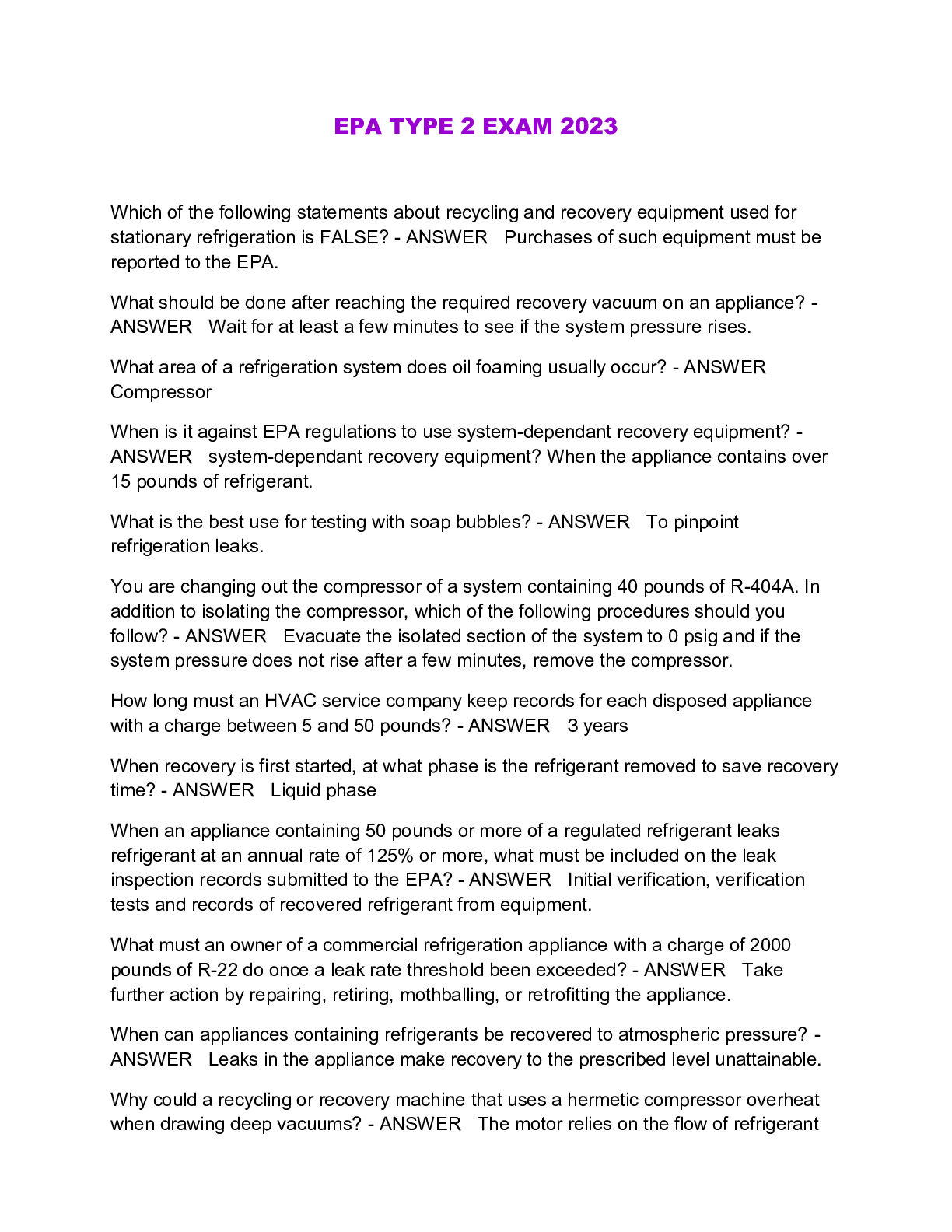 EPA TYPE 2 EXAM 2023 Browsegrades
